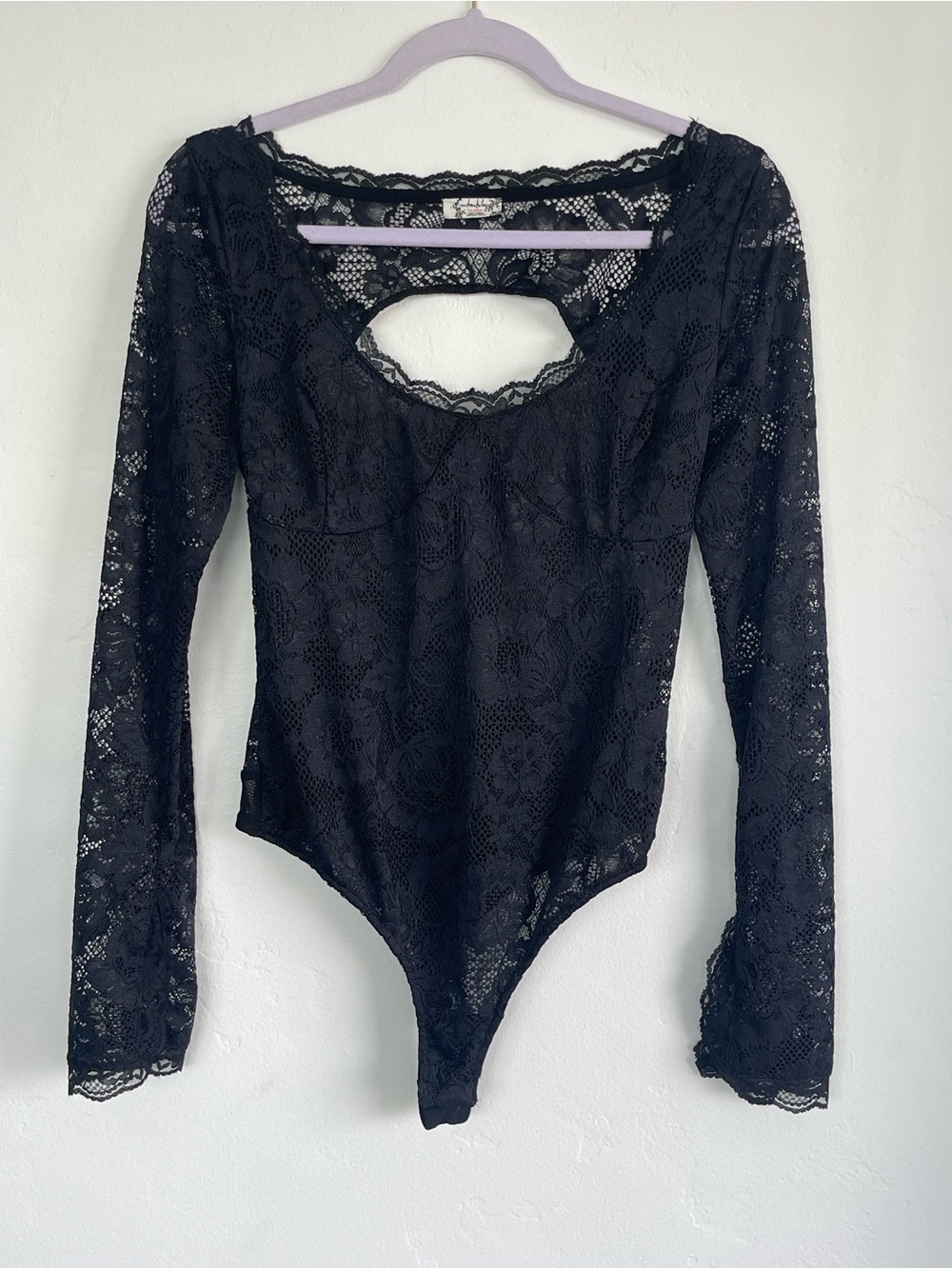 Free People Black Lace Long-Sleeve Bodysuit with Keyhole